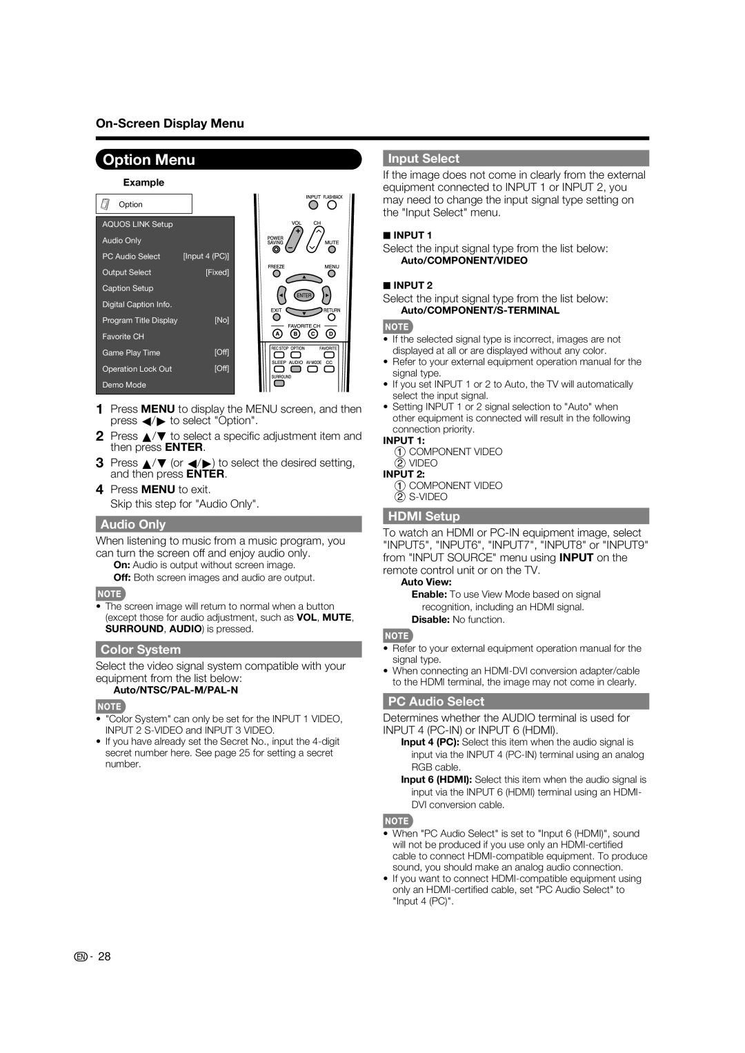 Sharp LC-52E77U, LC-46E77U operation manual Option Menu 