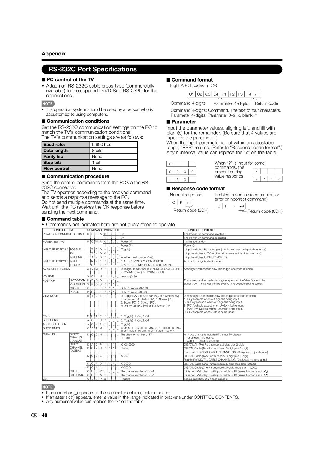 Sharp LC-52E77U, LC-46E77U operation manual RS-232C Port Speciﬁcations 