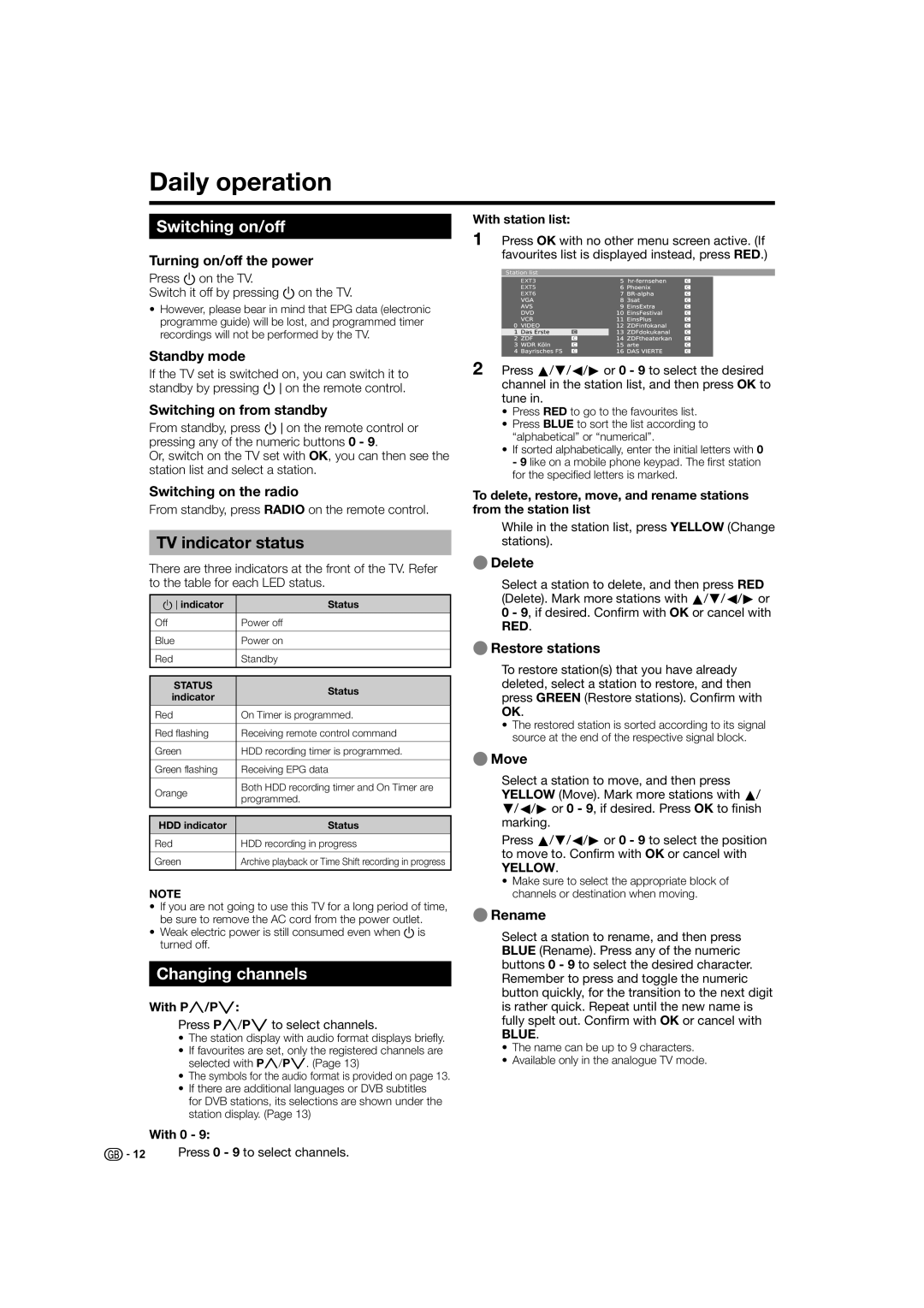 Sharp LC-52HD1E, LC-46HD1E operation manual Daily operation, Switching on/off, TV indicator status, Changing channels 