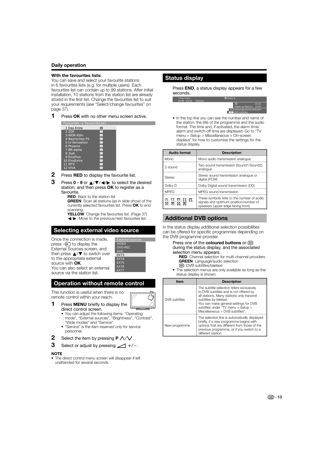 Sharp LC-46HD1E Selecting external video source Status display, Additional DVB options, Operation without remote control 