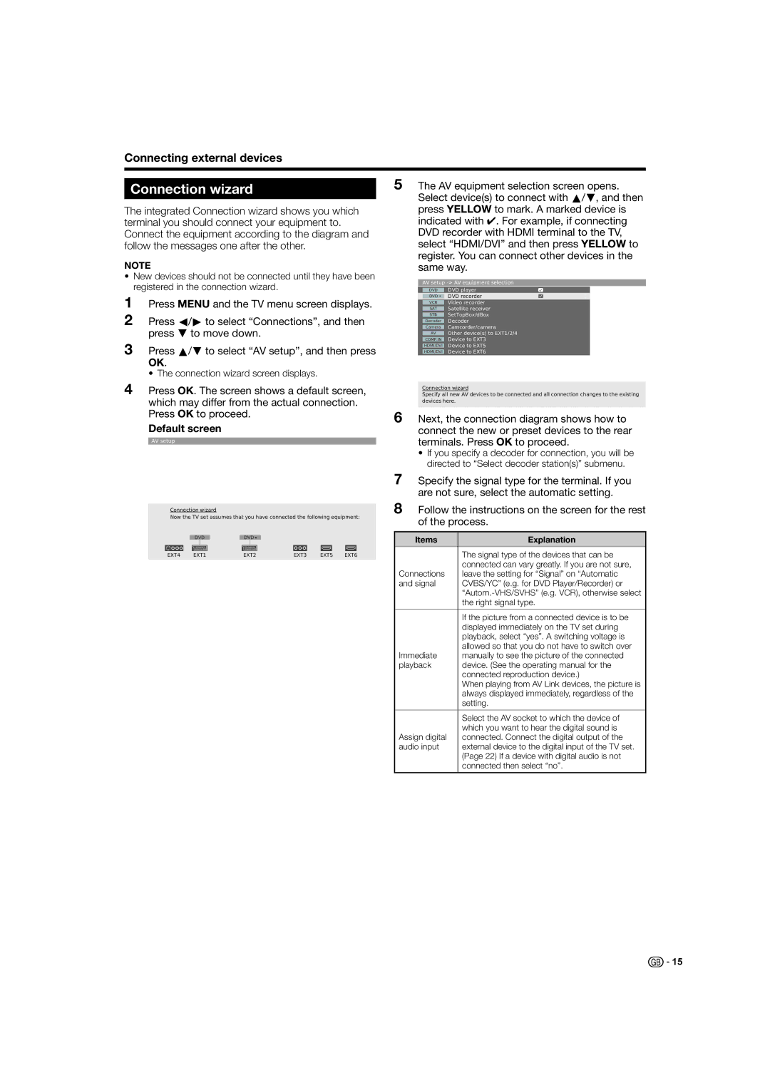 Sharp LC-46HD1E, LC-52HD1E operation manual Connection wizard, Connecting external devices, Default screen 