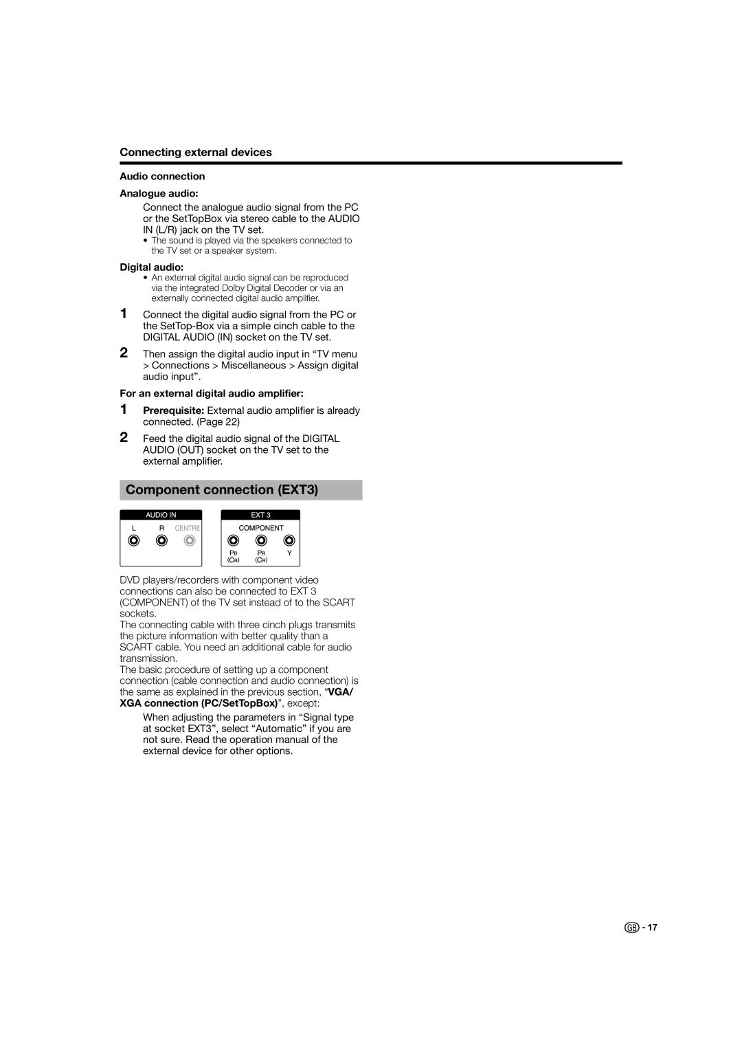 Sharp LC-46HD1E, LC-52HD1E operation manual Component connection EXT3, Audio connection Analogue audio, Digital audio 