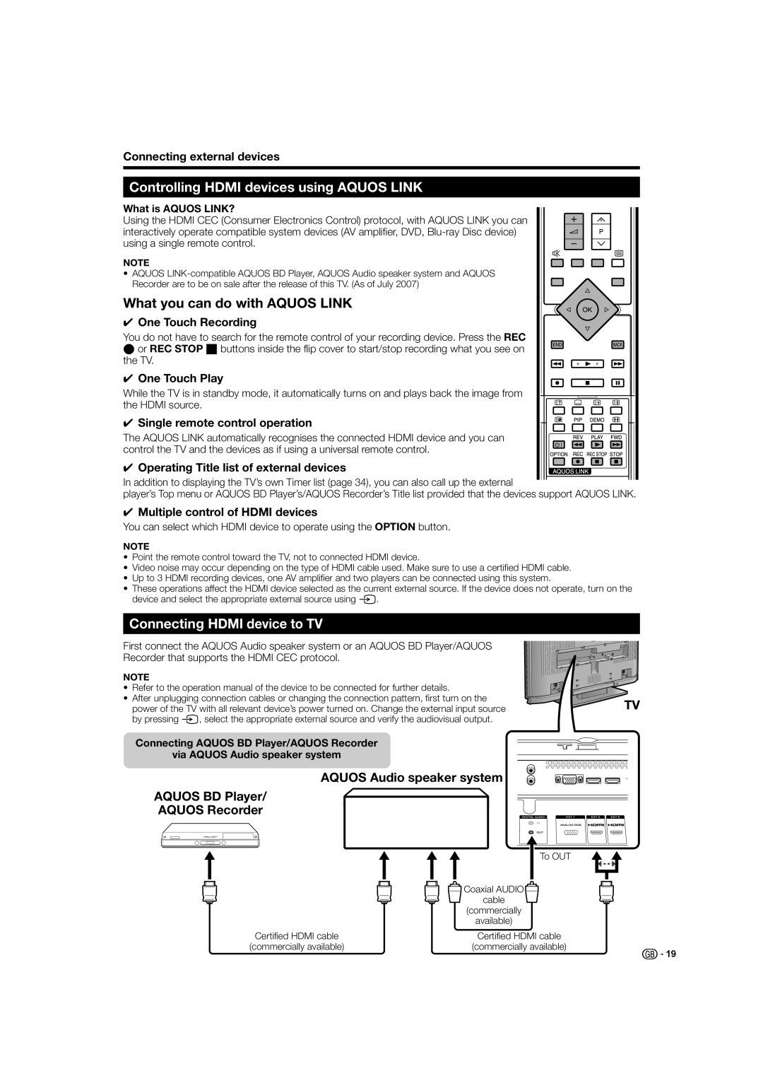 Sharp LC-46HD1E Controlling Hdmi devices using Aquos Link, What you can do with Aquos Link, Connecting Hdmi device to TV 