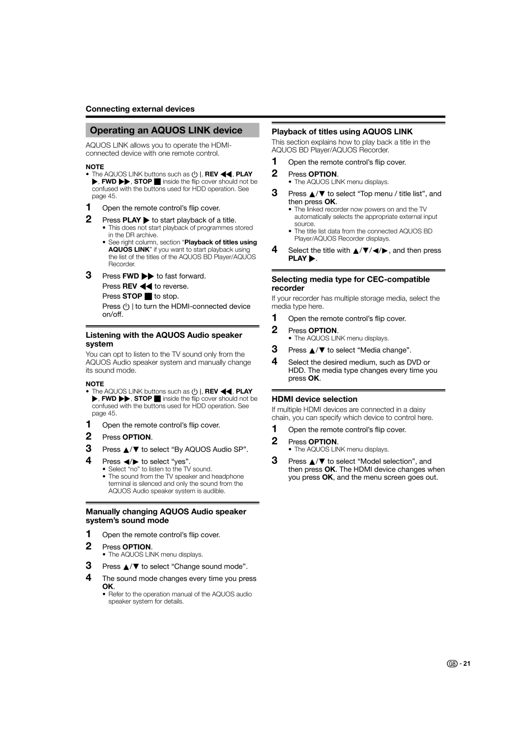 Sharp LC-46HD1E, LC-52HD1E operation manual Operating an Aquos Link device, Listening with the Aquos Audio speaker system 