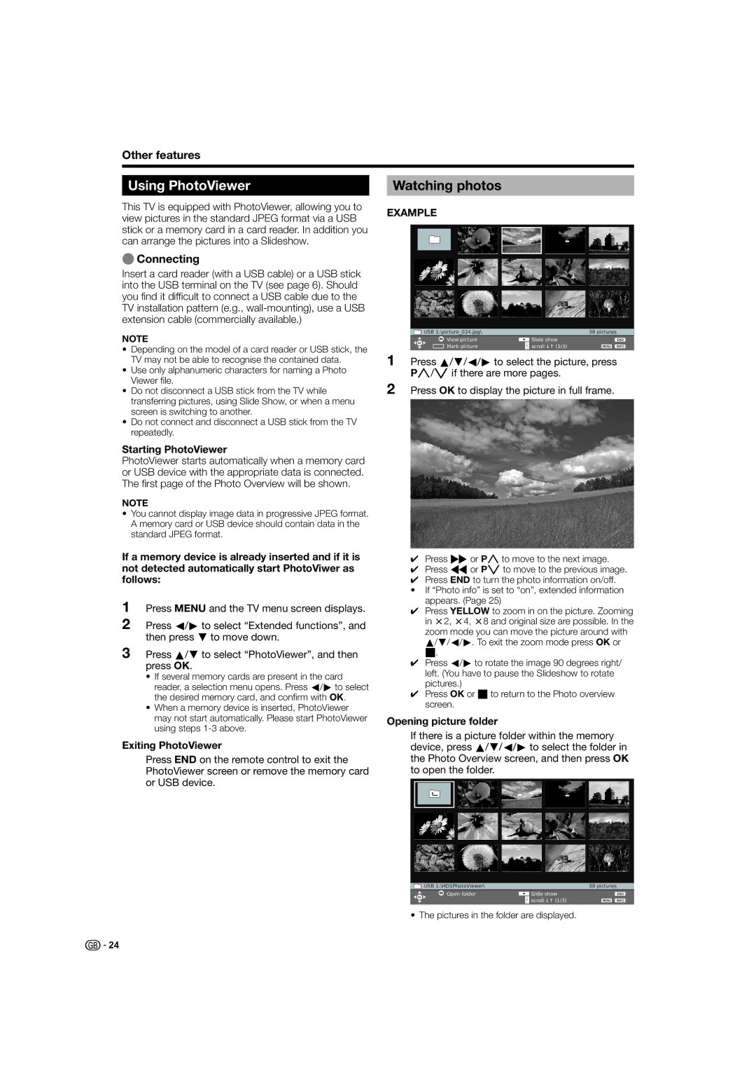 Sharp LC-52HD1E, LC-46HD1E operation manual Using PhotoViewer, Watching photos, Other features, Connecting 