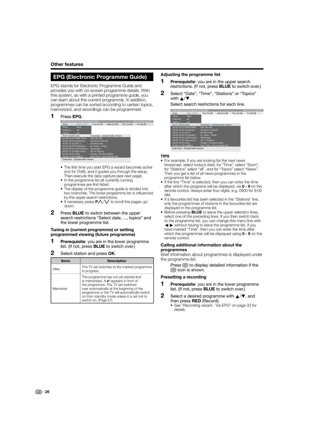 Sharp LC-52HD1E, LC-46HD1E EPG Electronic Programme Guide, Adjusting the programme list, Presetting a recording 