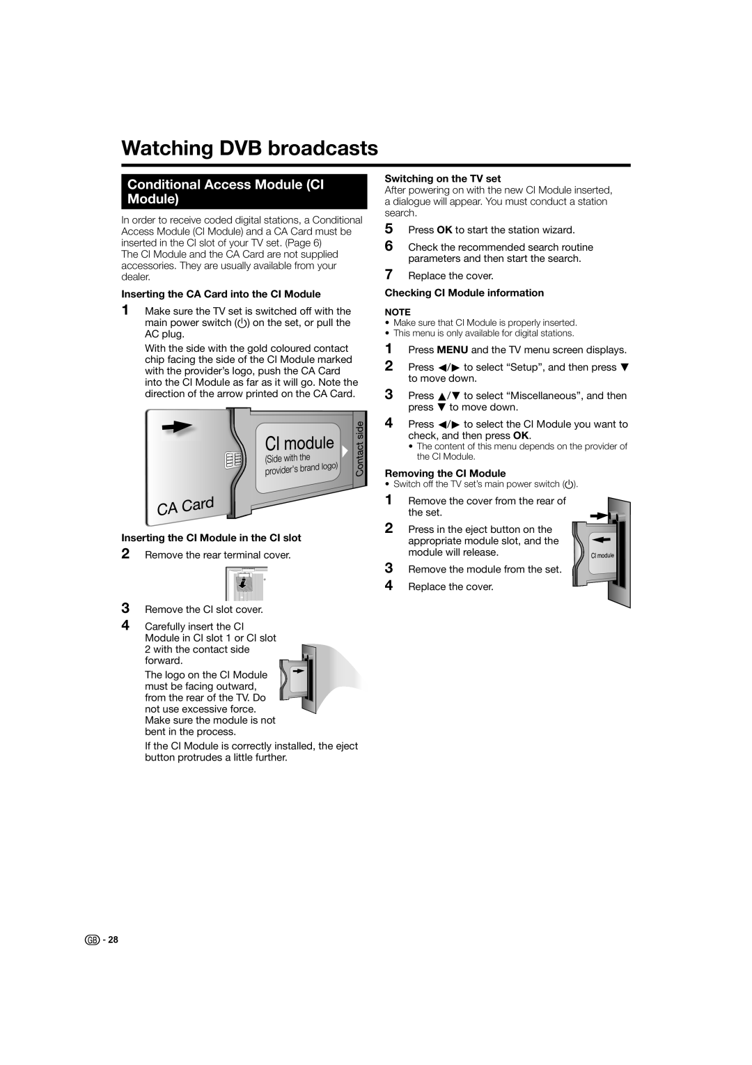 Sharp LC-52HD1E, LC-46HD1E operation manual Watching DVB broadcasts, Conditional Access Module CI Module 