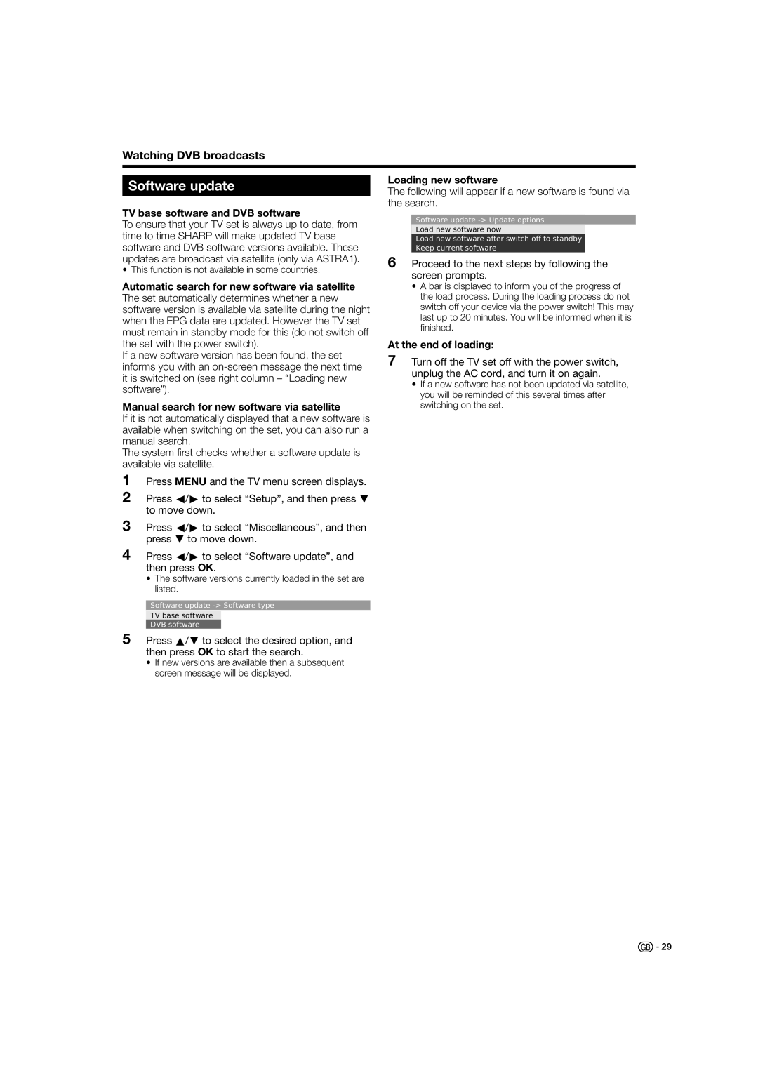 Sharp LC-46HD1E, LC-52HD1E operation manual Software update, Watching DVB broadcasts 