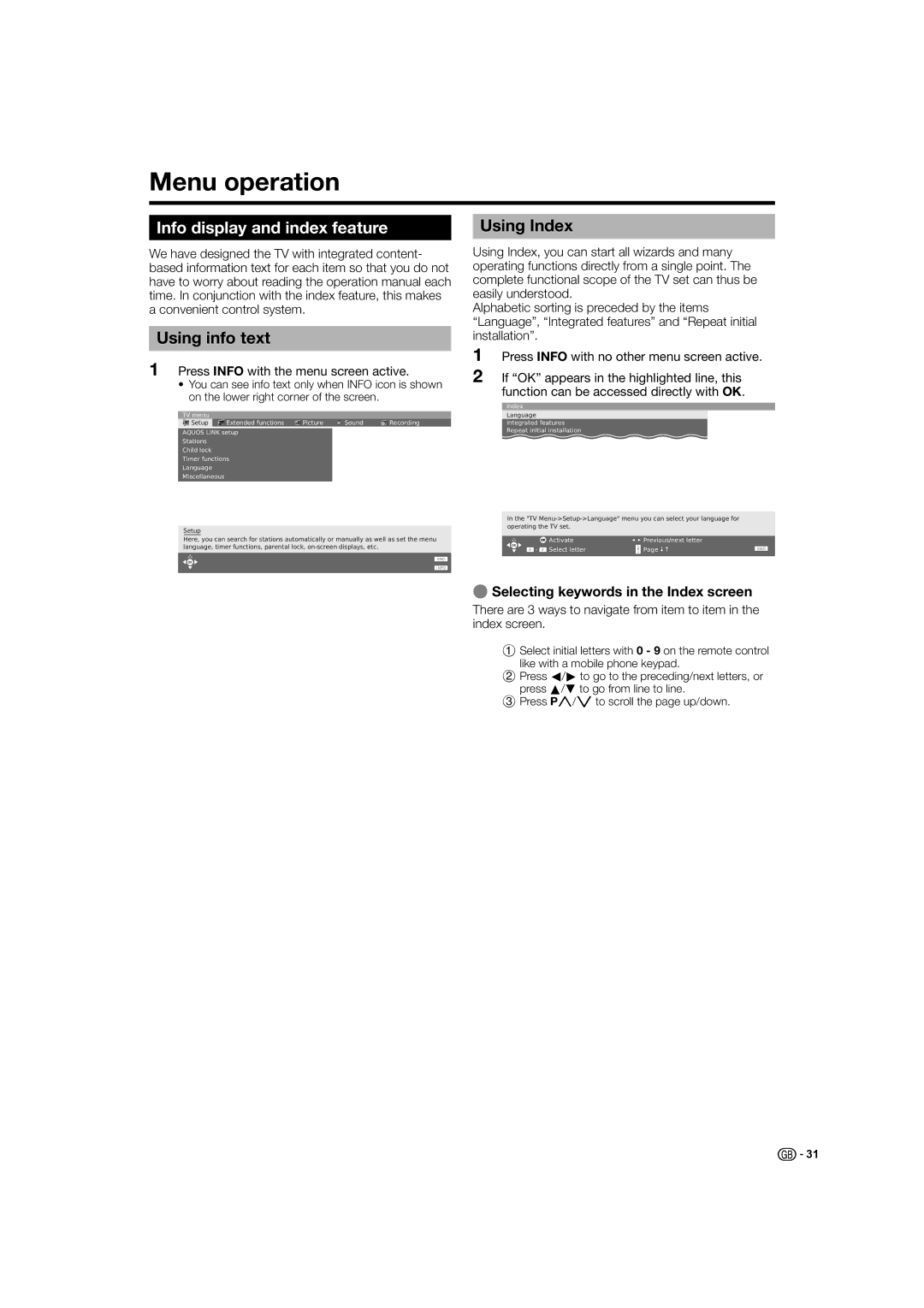 Sharp LC-46HD1E, LC-52HD1E operation manual Menu operation, Info display and index feature, Using info text, Using Index 