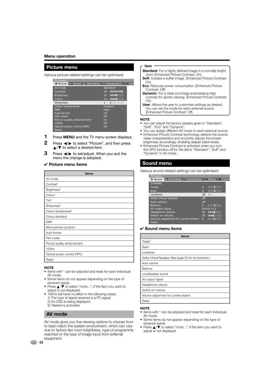 Sharp LC-52HD1E, LC-46HD1E operation manual Picture menu, AV mode, Sound menu 