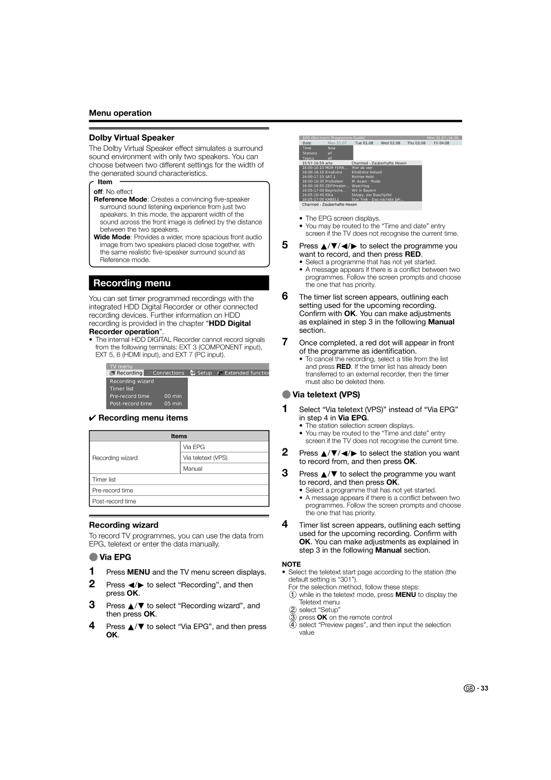 Sharp LC-46HD1E, LC-52HD1E operation manual Recording menu 