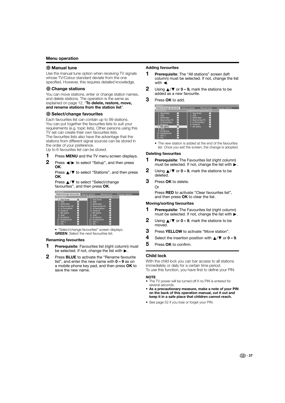 Sharp LC-46HD1E, LC-52HD1E Menu operation EManual tune, EChange stations, ESelect/change favourites, Child lock 