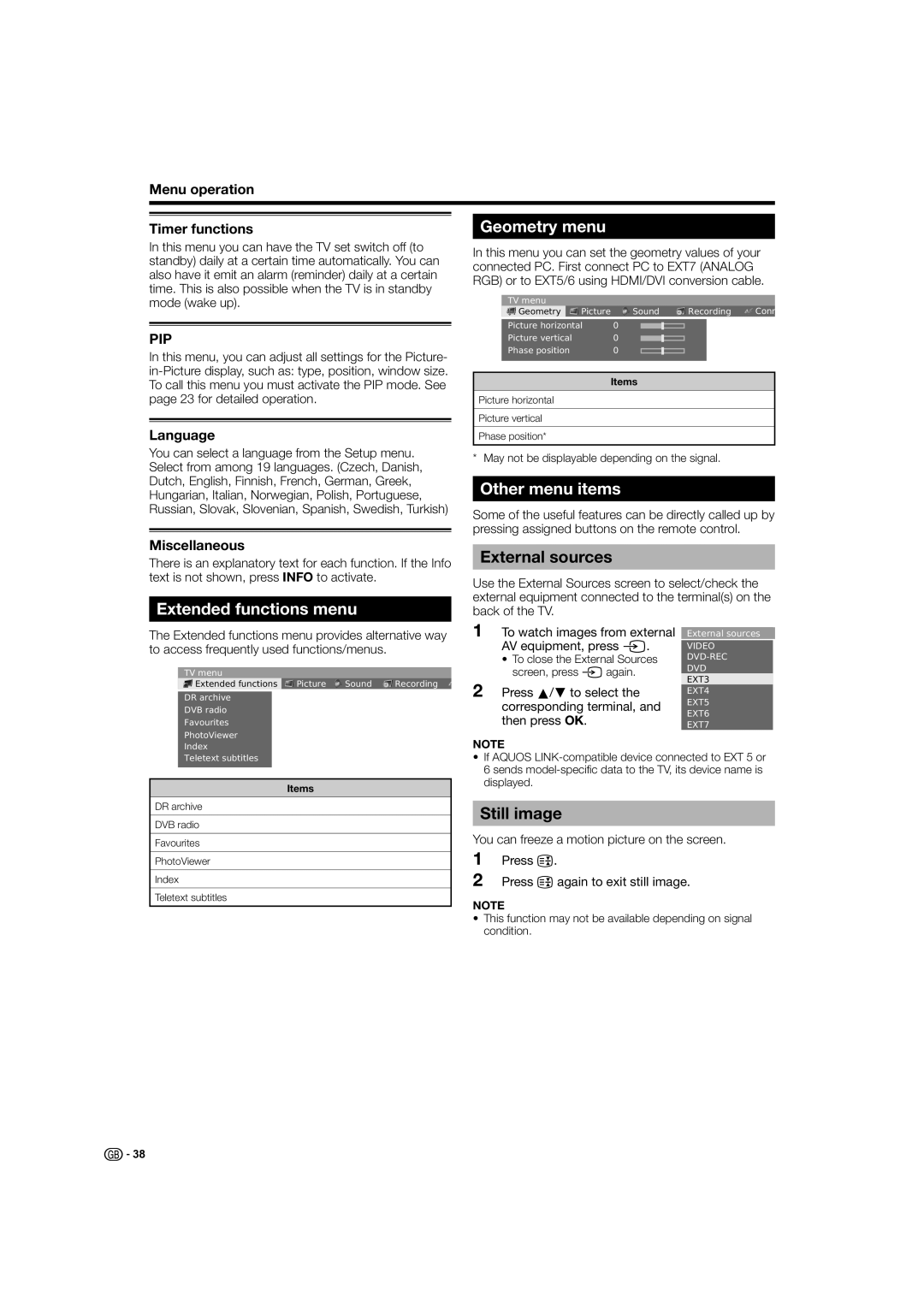 Sharp LC-52HD1E, LC-46HD1E Geometry menu, Other menu items, Extended functions menu, External sources, Still image 