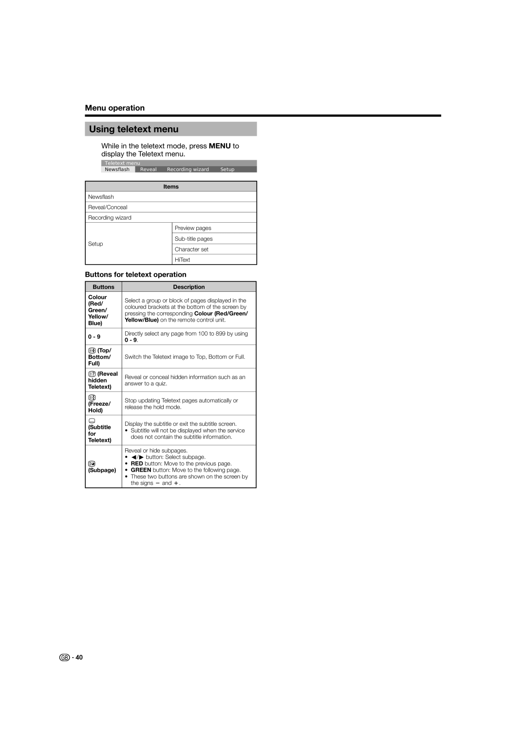 Sharp LC-52HD1E, LC-46HD1E operation manual Using teletext menu, Buttons for teletext operation 