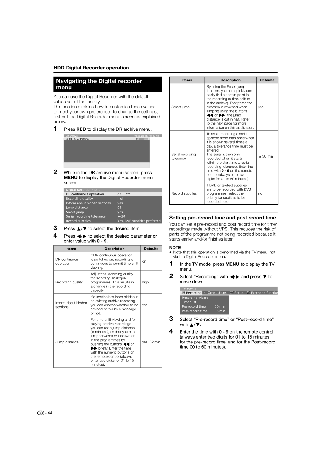 Sharp LC-52HD1E, LC-46HD1E Navigating the Digital recorder menu, Setting pre-record time and post record time 