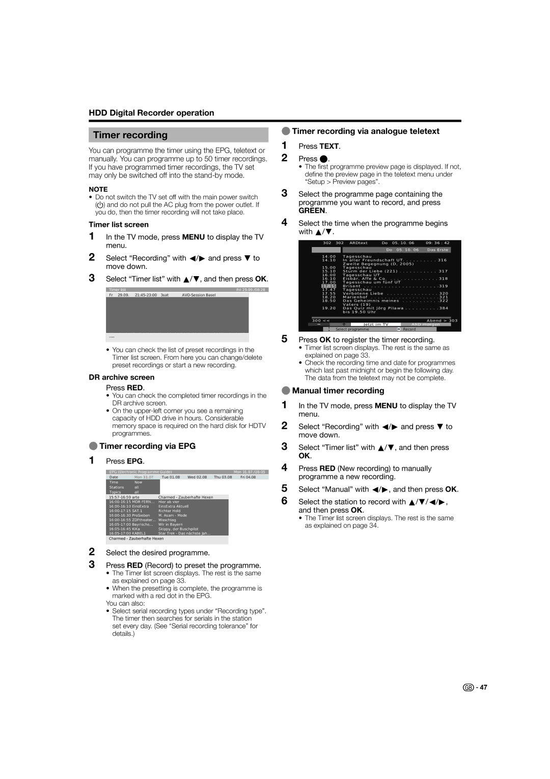 Sharp LC-46HD1E, LC-52HD1E ETimer recording via analogue teletext, ETimer recording via EPG, EManual timer recording 