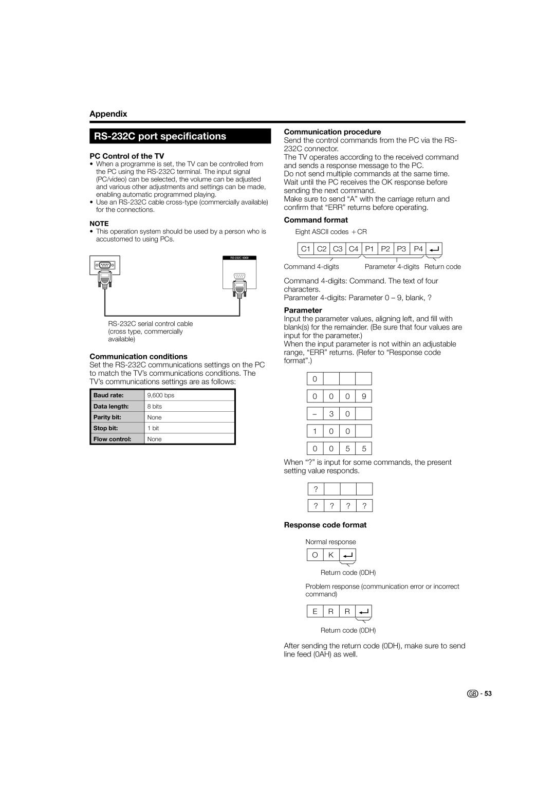 Sharp LC-46HD1E, LC-52HD1E operation manual RS-232C port specifications, Appendix 