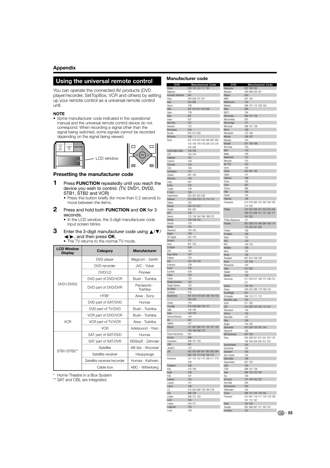 Sharp LC-46HD1E, LC-52HD1E Using the universal remote control, Presetting the manufacturer code, Manufacturer code 