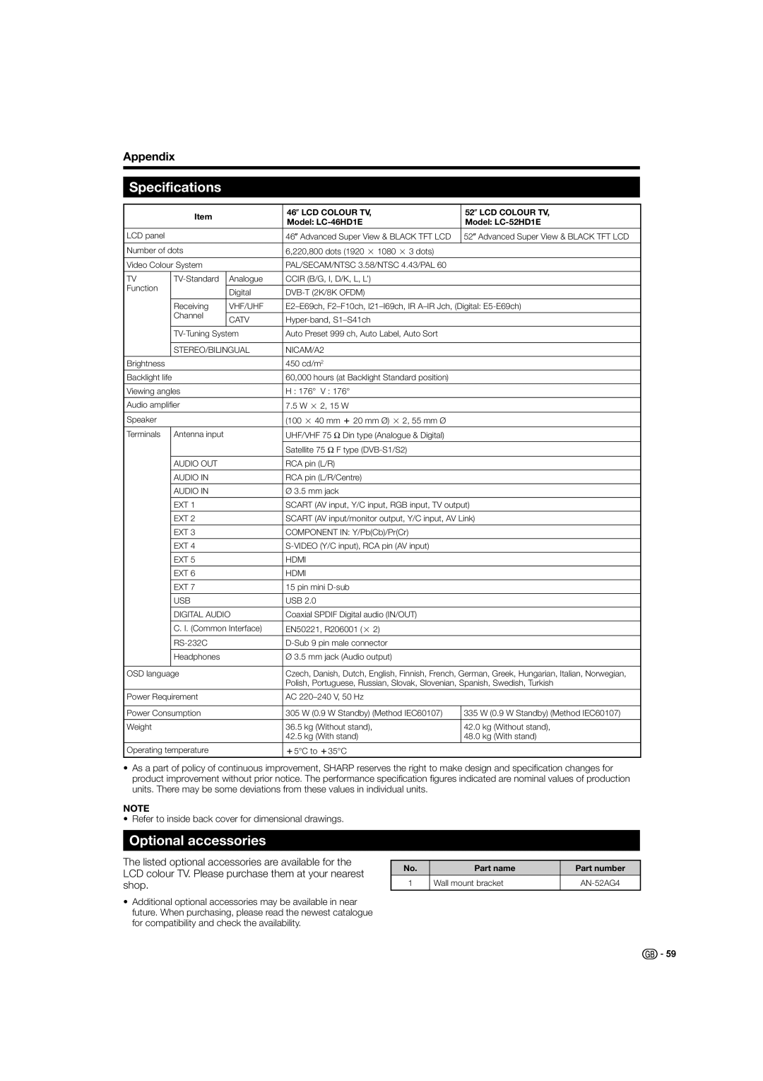 Sharp LC-46HD1E, LC-52HD1E operation manual Specifications, Optional accessories, Part name Part number Wall mount bracket 