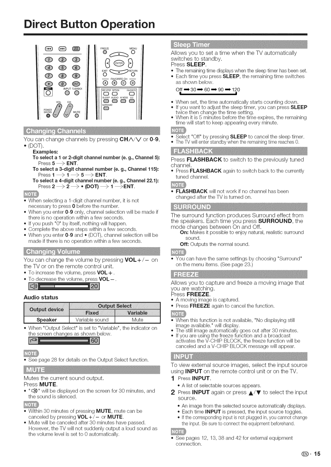 Sharp LC-40LE700 Direct Button Operation, Dot, @-15, To select a 1 or 2=digit channel number e. g., Channel, Speaker 