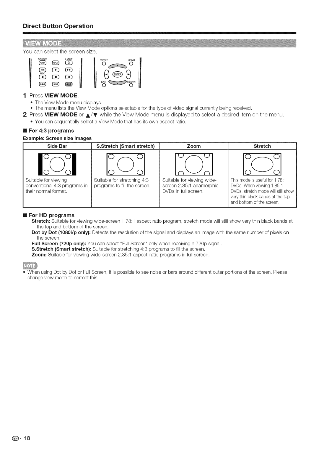 Sharp LC-40LE700, LC-52LE700 You can select the screen size, Press View Mode, Example Screen size images Side Bar 