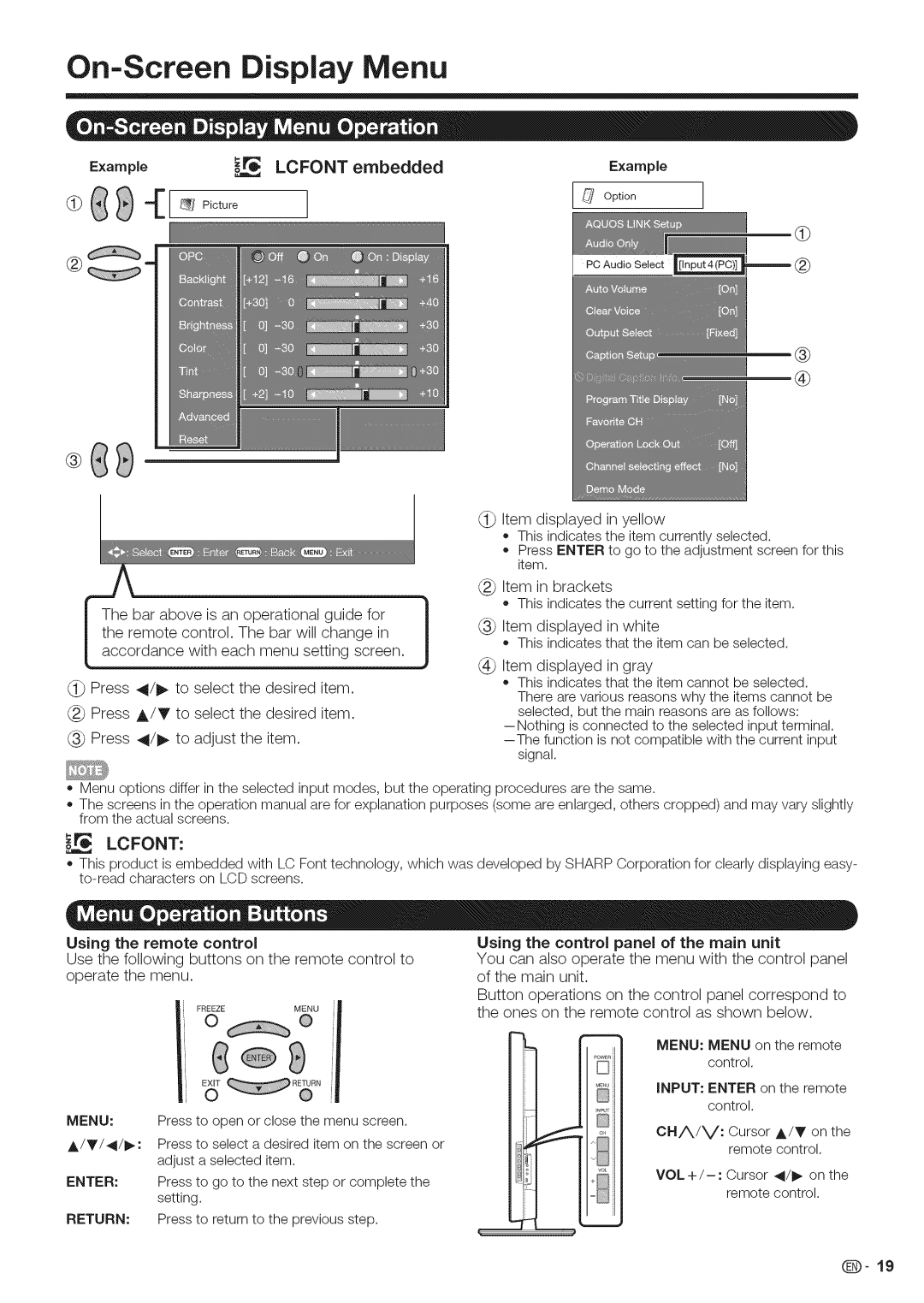 Sharp LC-46LE700, LC-52LE700, LC-40LE700 operation manual On=Screen Display Menu, Enter, Return 