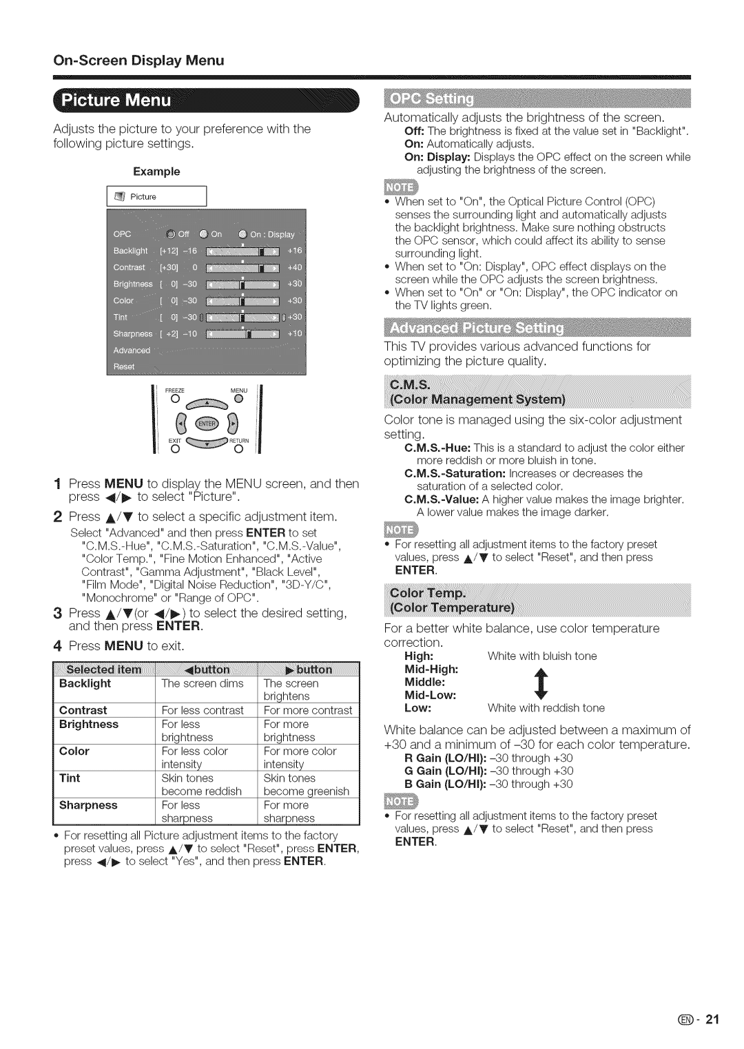 Sharp LC-40LE700, LC-52LE700, LC-46LE700 operation manual Color, Sharpness, Mid-Low 