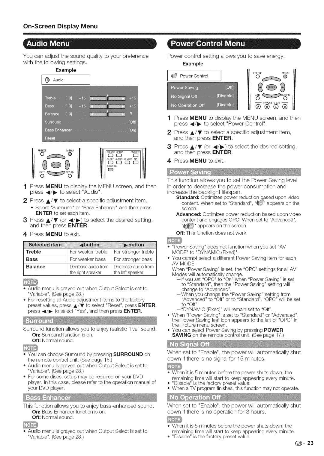 Sharp LC-52LE700, LC-40LE700 Press Menu to display the Menu screen, and then, Press Menu to exit, Example, Treble, AV Mode 