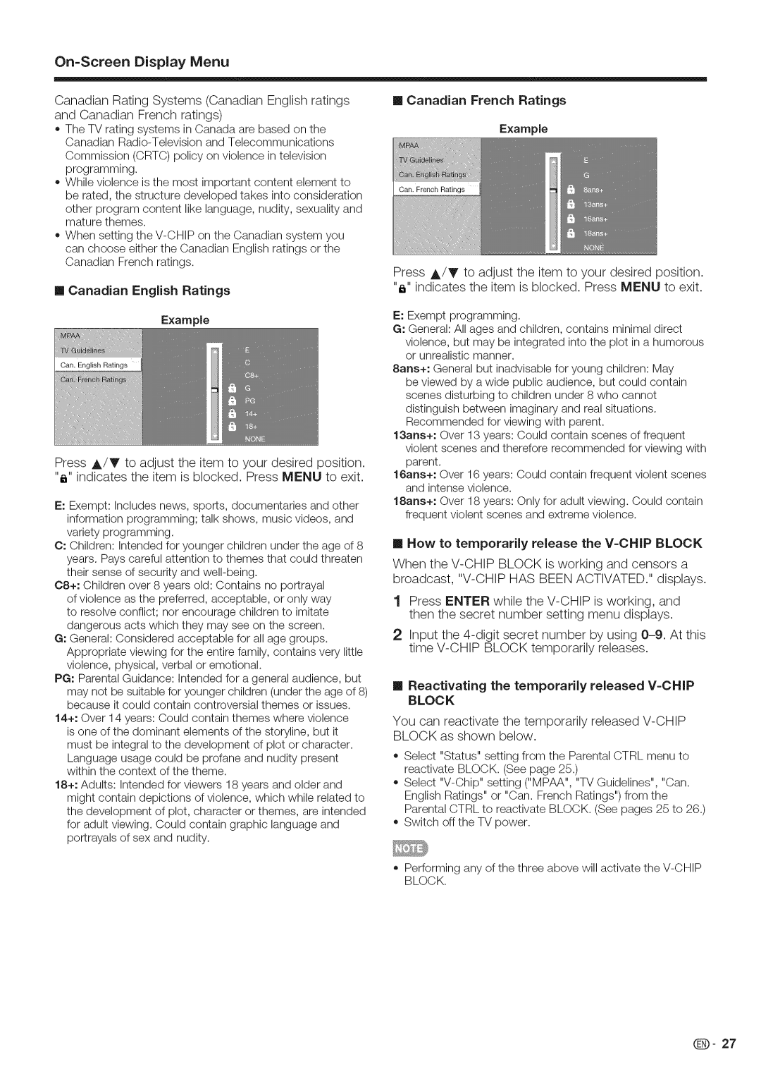 Sharp LC-40LE700, LC-52LE700, LC-46LE700 Canadian English Ratings, Reactivating the temporarily released V-CHIP Block 