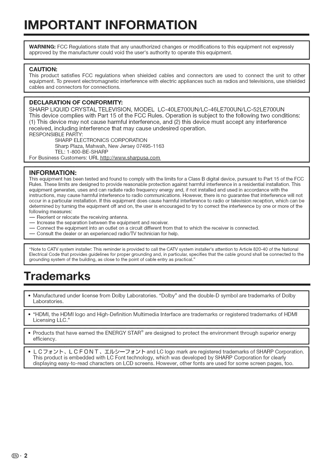 Sharp LC-52LE700, LC-40LE700, LC-46LE700 operation manual Trademarks, Responsibleparty Sharp Electronicscorporation 