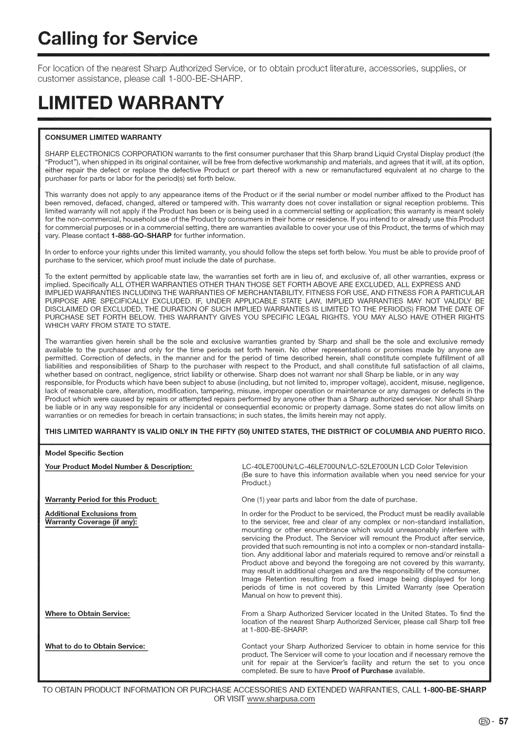 Sharp LC-40LE700, LC-52LE700, LC-46LE700 operation manual Calling for Service, LiMiTED Warranty 