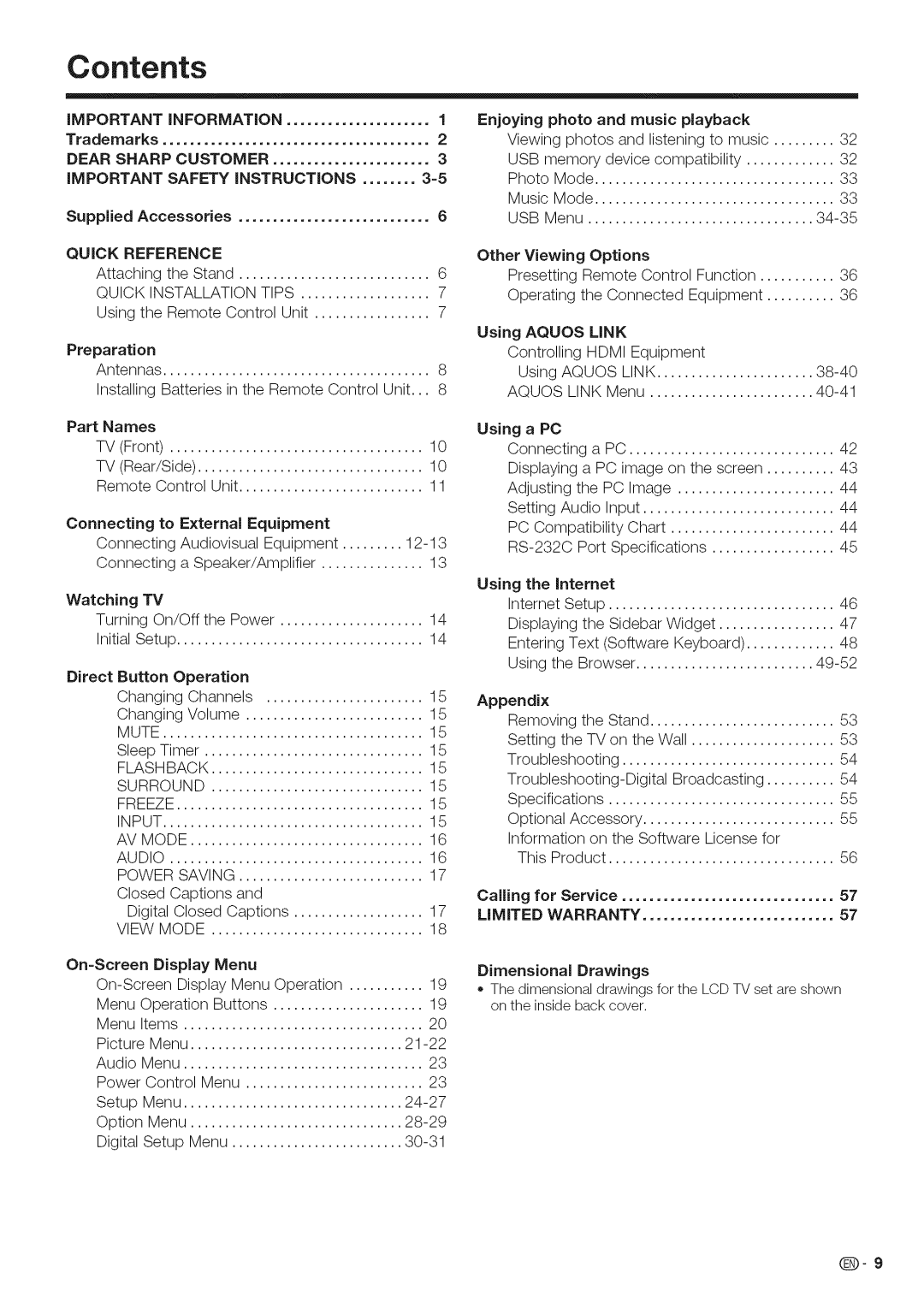 Sharp LC-40LE700, LC-52LE700, LC-46LE700 operation manual Contents 