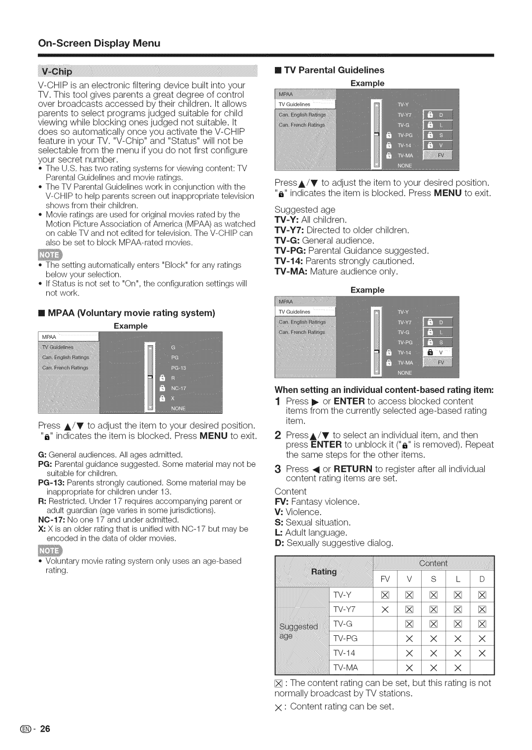 Sharp LC-52LE700 On=Screen Display Menu, TV Parental Guidelines, When setting an individual content=based rating item 