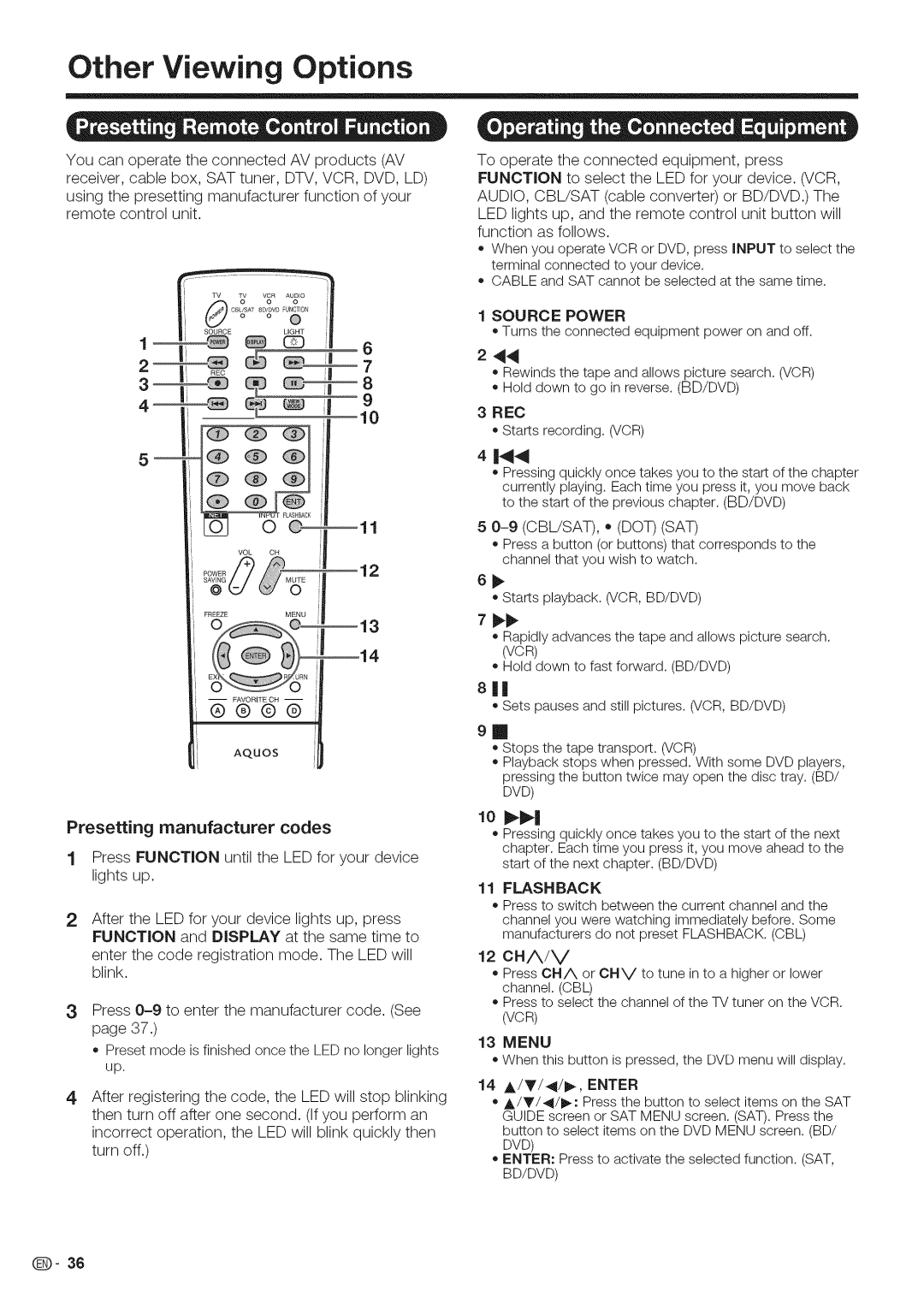 Sharp LC-40LE700 12 CHA/V, Presetting manufacturer codes, Source Power, Turns the connected equipment power on and off 