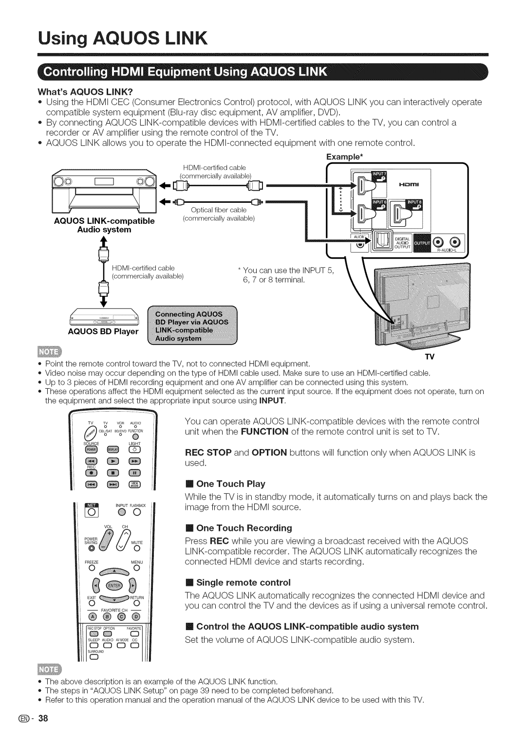 Sharp LC-52LE700, LC-40LE700 Using Aquos Link, Aquos LINK-compatiblecommerciallyavailable, Audio system, Aquos BD Player 