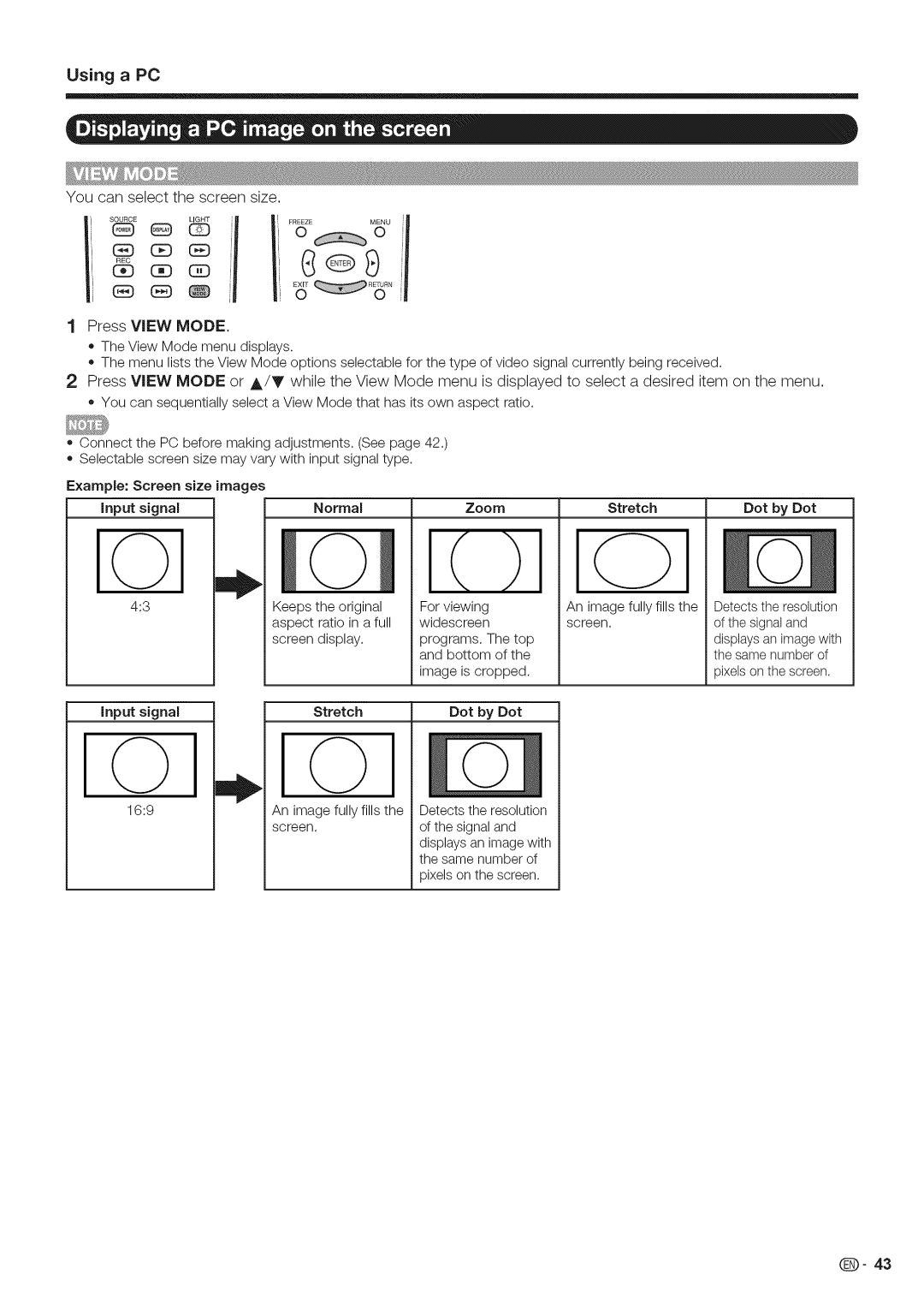 Sharp LC-46LE700, LC-52LE700, LC-40LE700 operation manual Using a PC, Images, Input Signal Stretch, ZoomStretch, Dot by Dot 