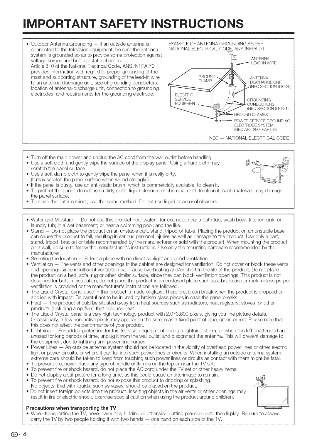 Sharp LC-46LE700, LC-52LE700, LC-40LE700 operation manual IMPORTANT Safety iNSTRUCTiONS, NECSECTION810-20 Grounding 