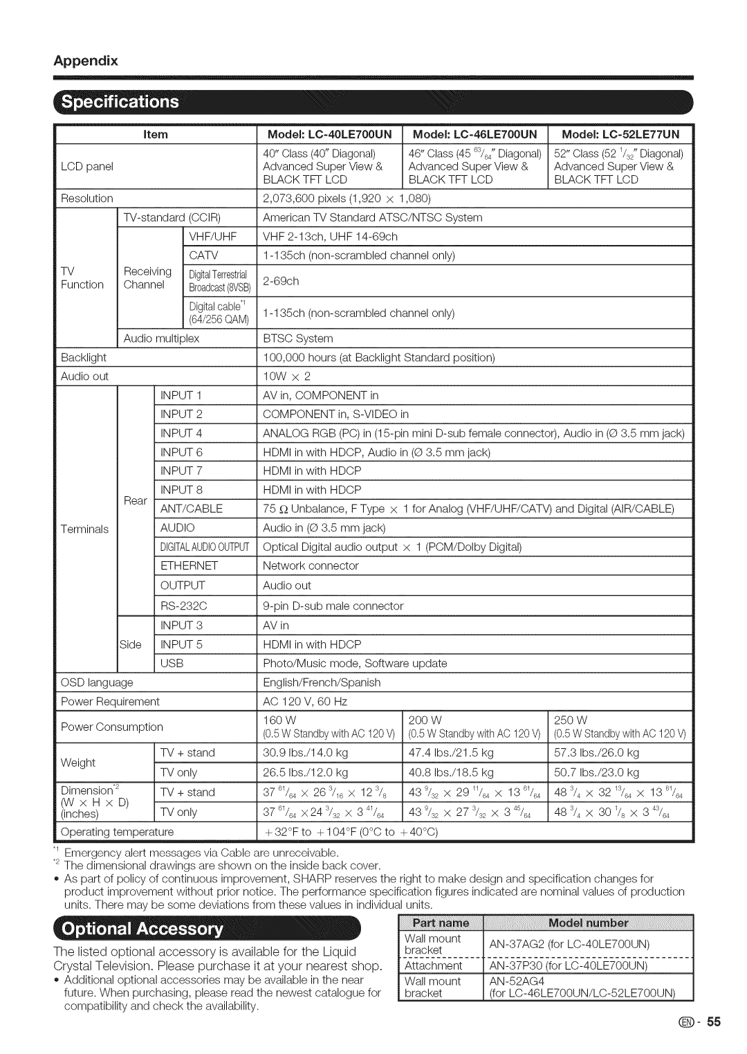 Sharp LC-52LE700, LC-40LE700 operation manual LC-40LET00UN, Model LC-46LE700UN Model LC-52LE77UN 