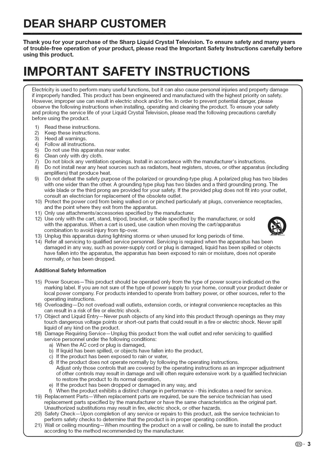 Sharp LC-40LE700, LC-52LE700, LC-46LE700 iMPORTANT SAFETY iNSTRUCTiONS, Dear Sharp Customer, Additional Safety Information 