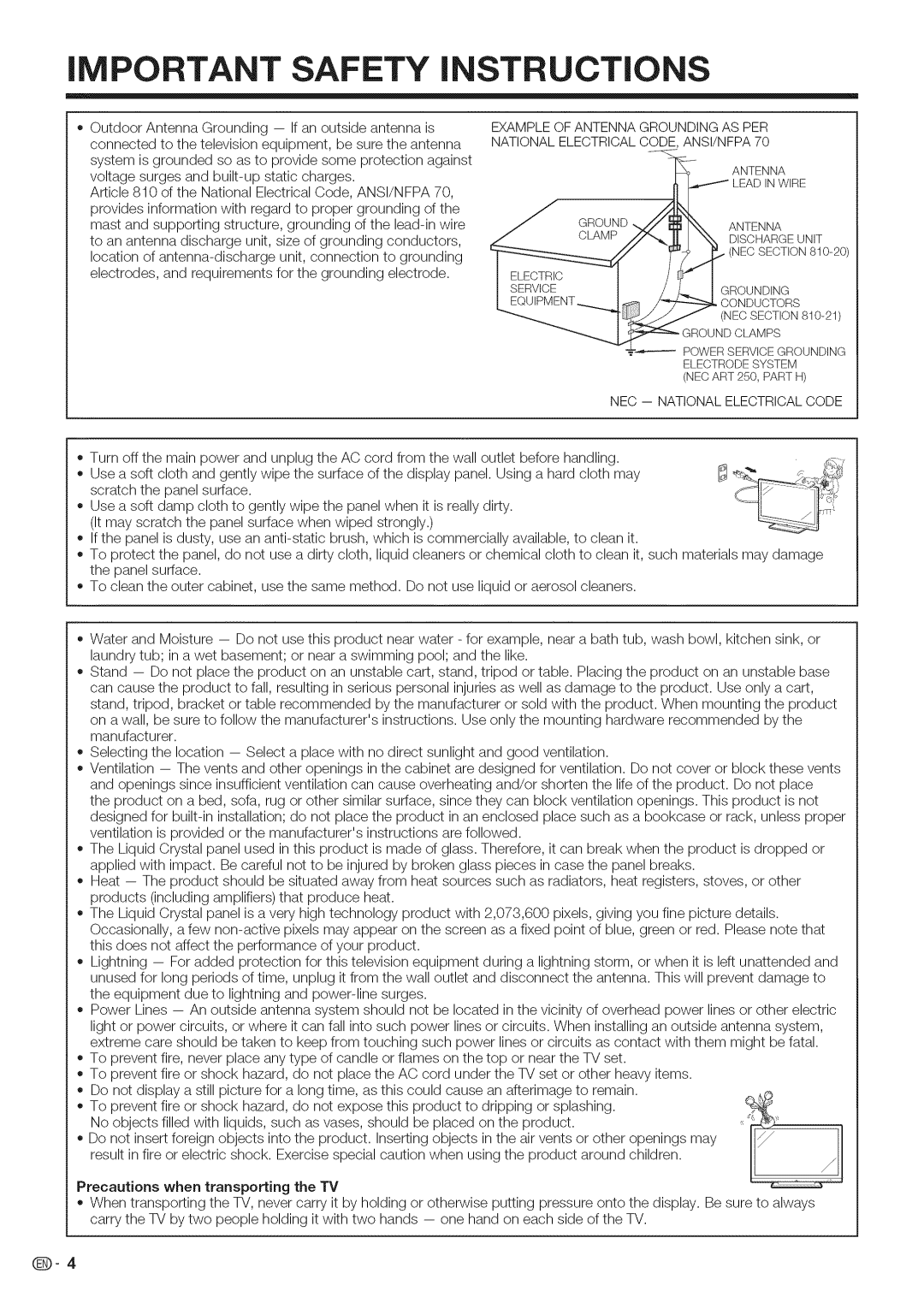 Sharp LC-46LE700, LC-52LE700, LC-40LE700 operation manual iMPORTANT SAFETY iNSTRUCTiONS 