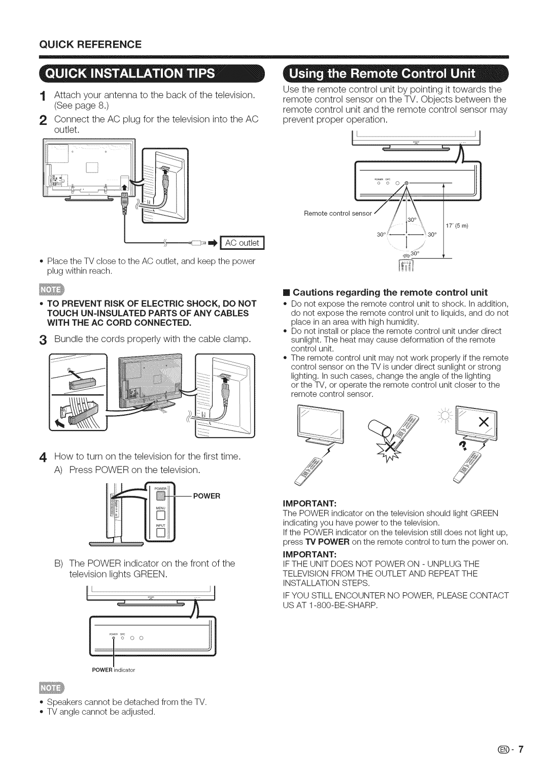 Sharp LC-46LE700, LC-52LE700 Quick Reference, WiTH THE AC CORD CONNECTED, II Cautions regarding the remote control unit 