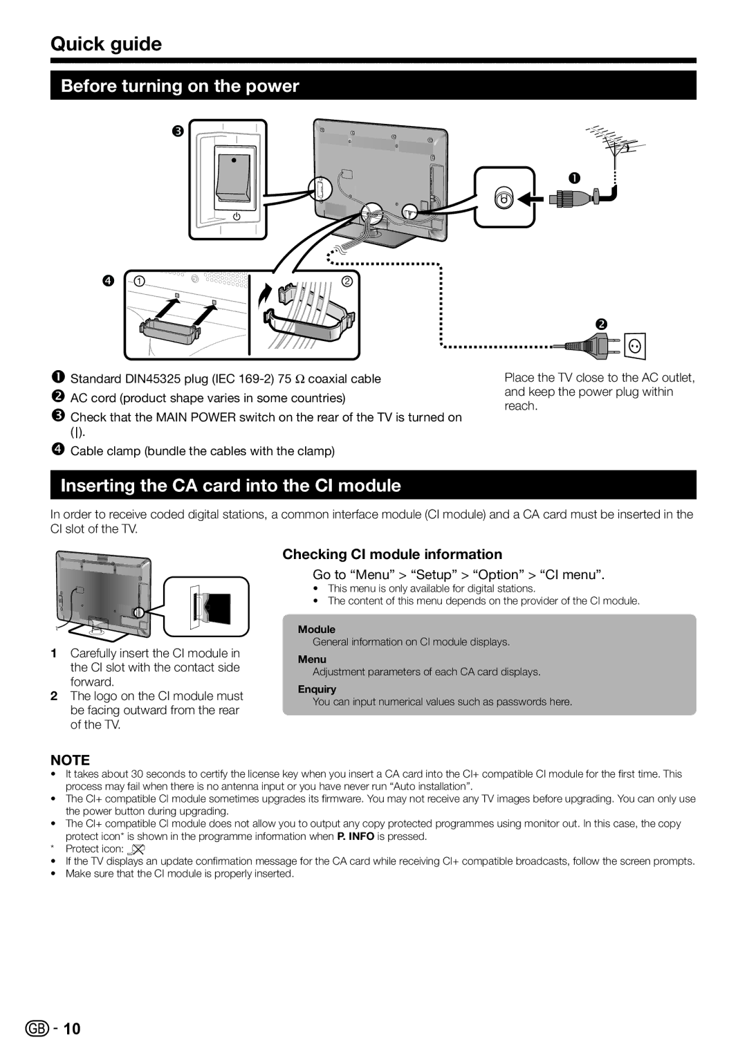 Sharp LC-46LE810E, LC-52LE820E Quick guide, Before turning on the power, Inserting the CA card into the CI module 