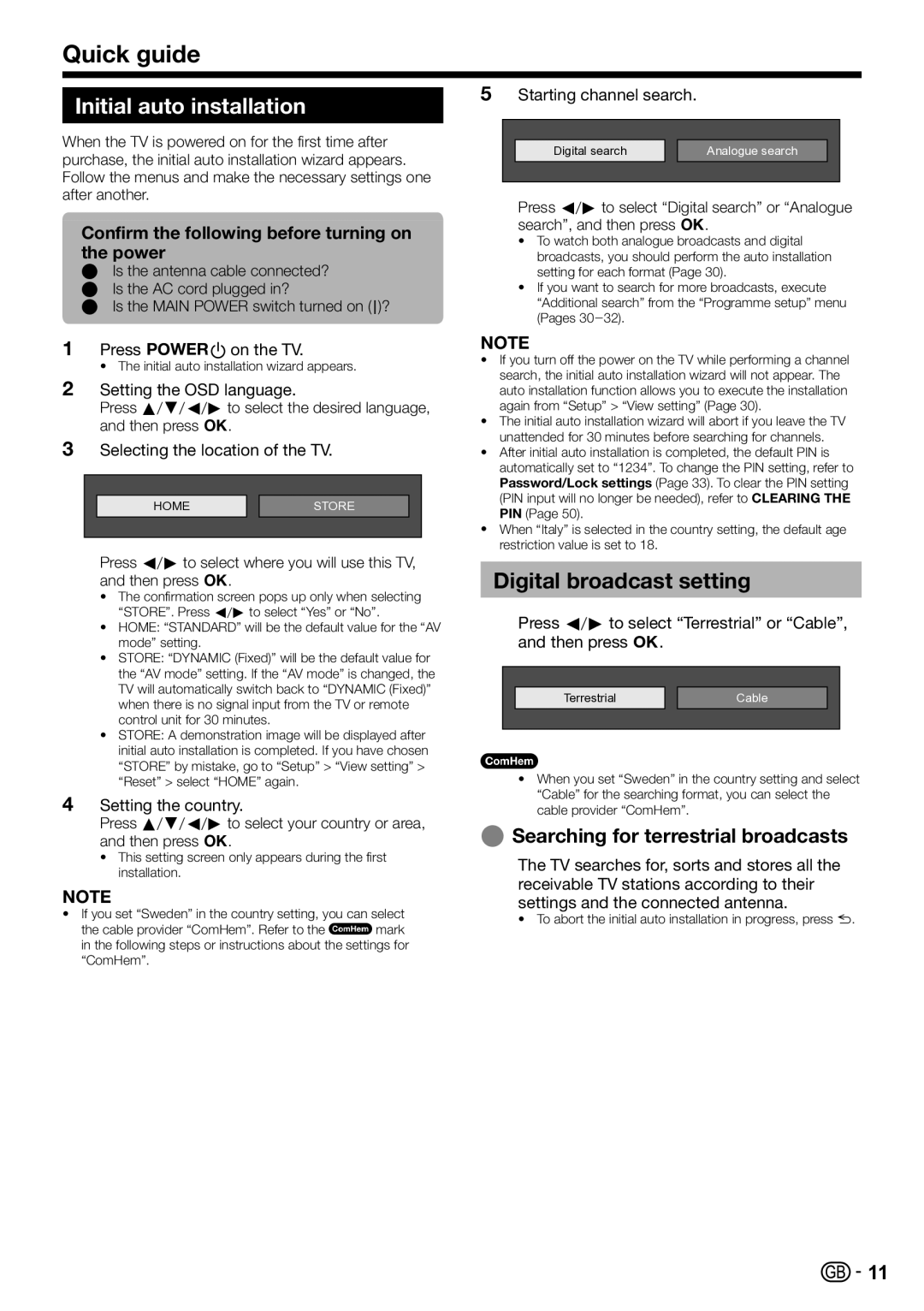 Sharp LC-40LE810E, LC-52LE820E Initial auto installation, Digital broadcast setting, Searching for terrestrial broadcasts 