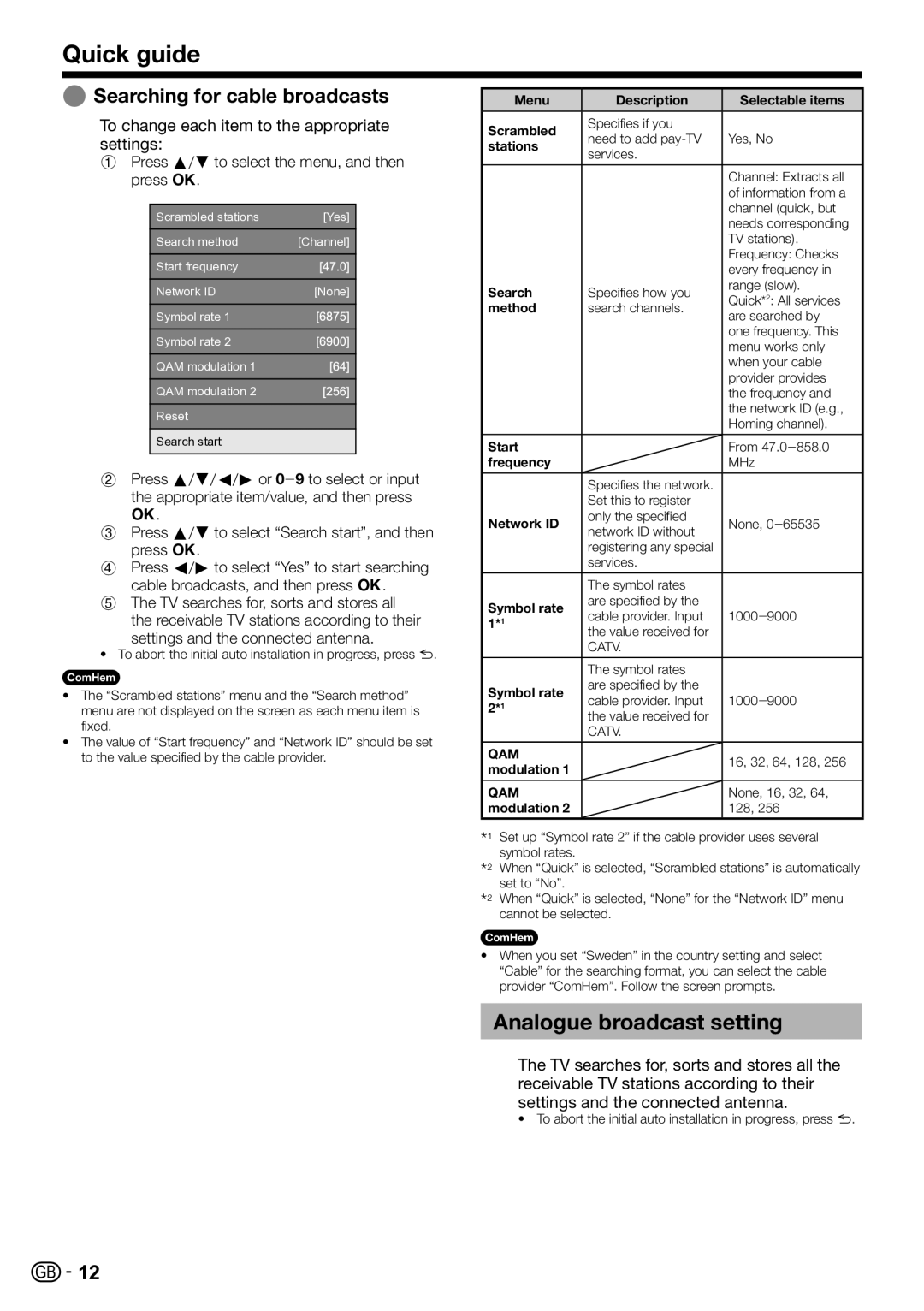 Sharp LC-40LE820E Analogue broadcast setting, Searching for cable broadcasts, Press a/bto select the menu, and then press 