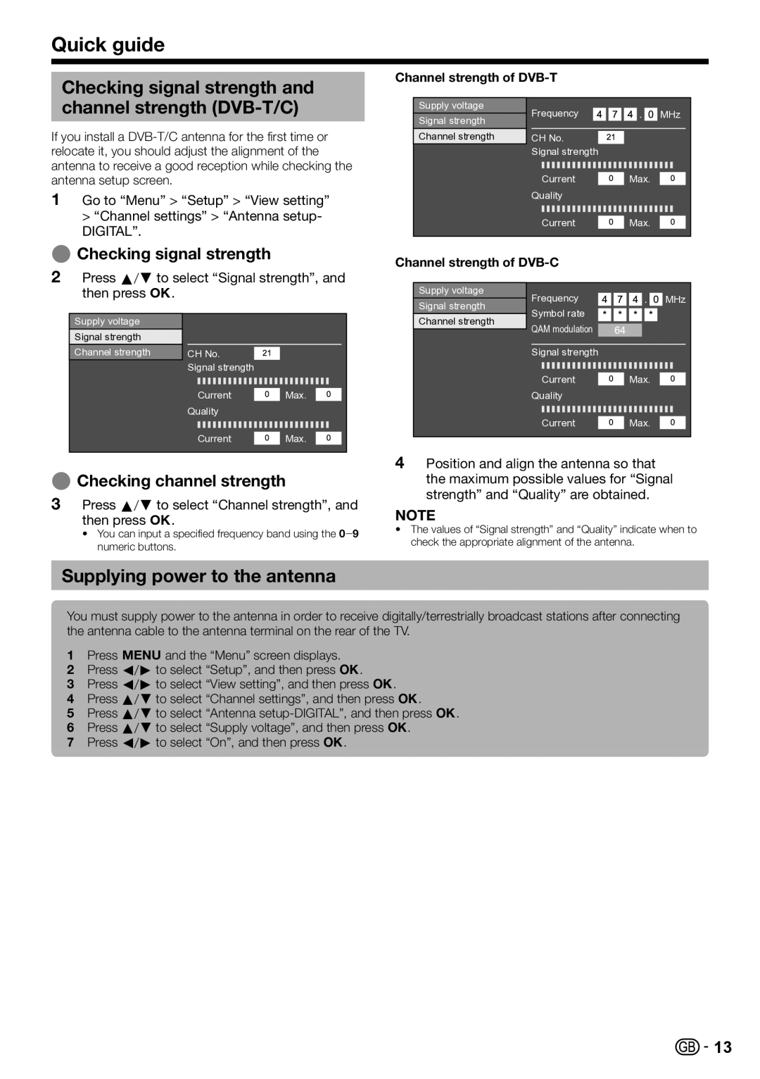 Sharp LC-52LE820E, LC-46LE820E Checking signal strength and channel strength DVB-T/C, Supplying power to the antenna 