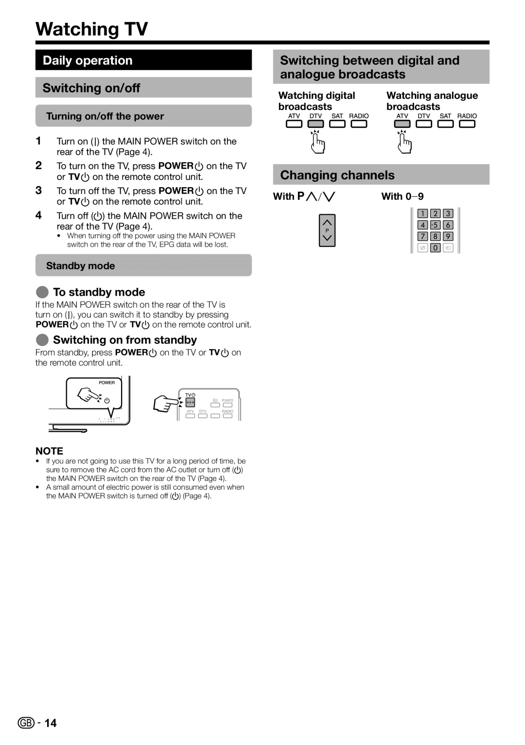 Sharp LC-46LE820E Watching TV, Daily operation, Switching on/off, Switching between digital and analogue broadcasts 