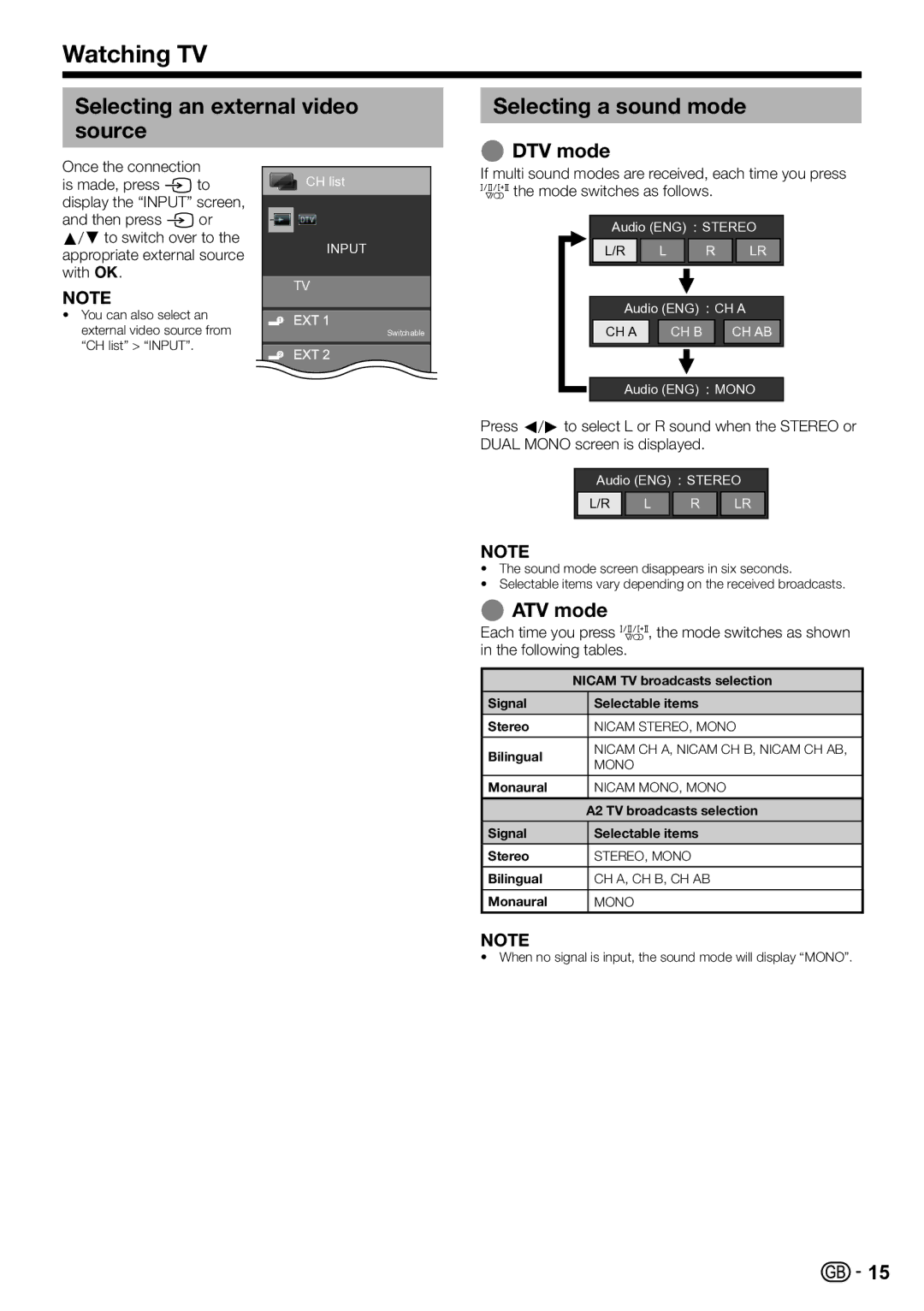 Sharp LC-46LE810E, LC-52LE820E Watching TV, Selecting an external video source Selecting a sound mode, DTV mode, ATV mode 