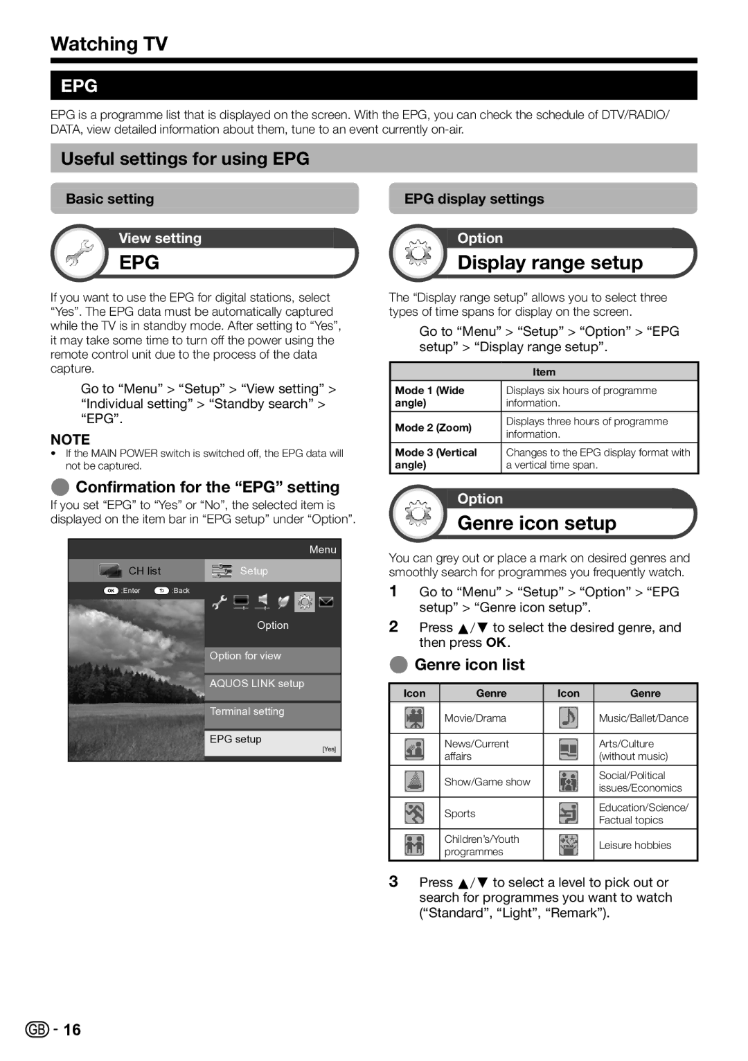 Sharp LC-40LE810E Display range setup, Genre icon setup, Useful settings for using EPG, Confirmation for the EPG setting 