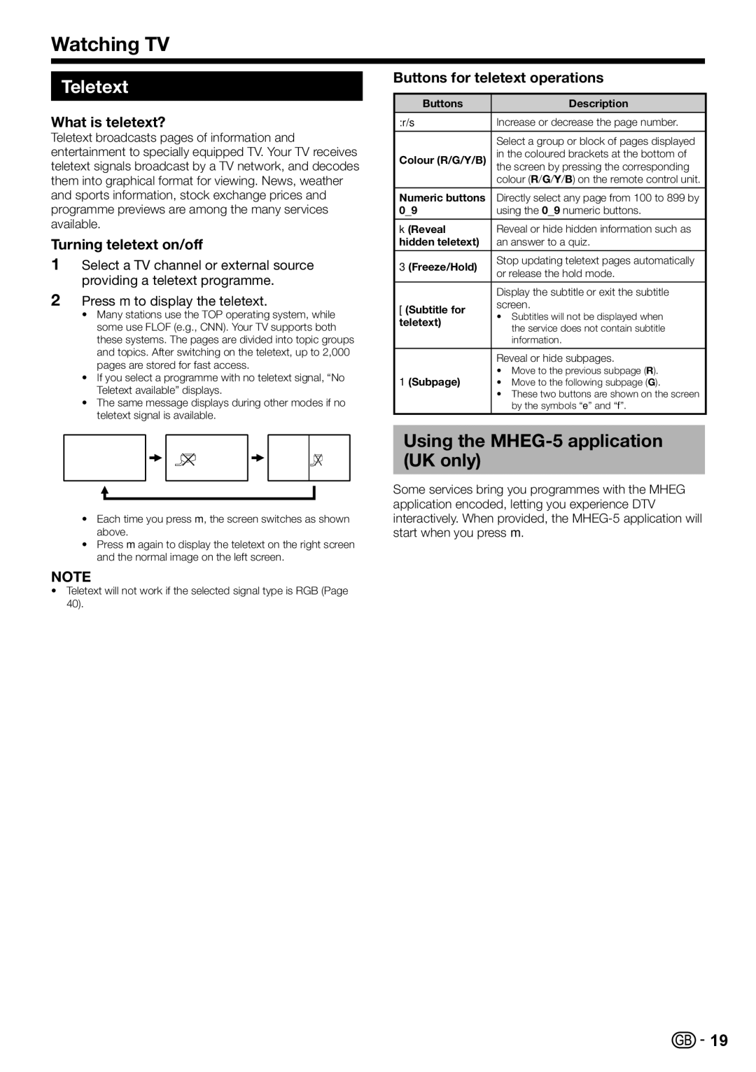 Sharp LC-46LE820E, LC-52LE820E Teletext, Using the MHEG-5 application UK only, What is teletext?, Turning teletext on/off 