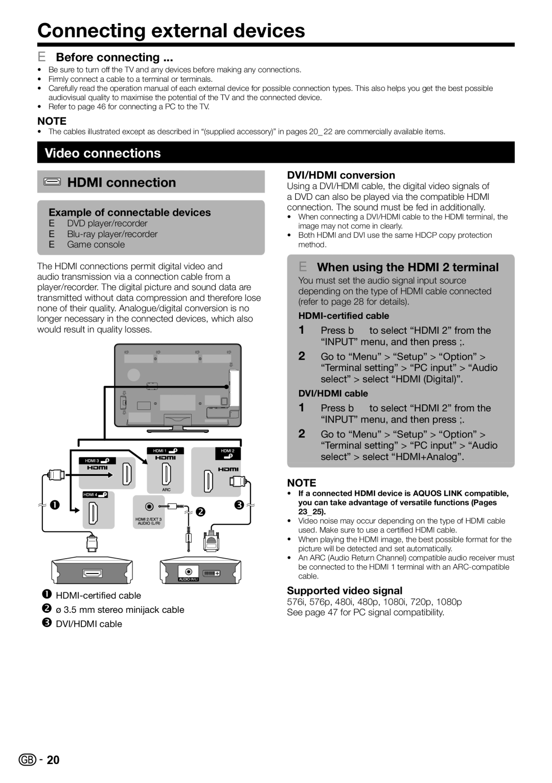 Sharp LC-46LE810E, LC-52LE820E Connecting external devices, Video connections, Hdmi connection, Before connecting 